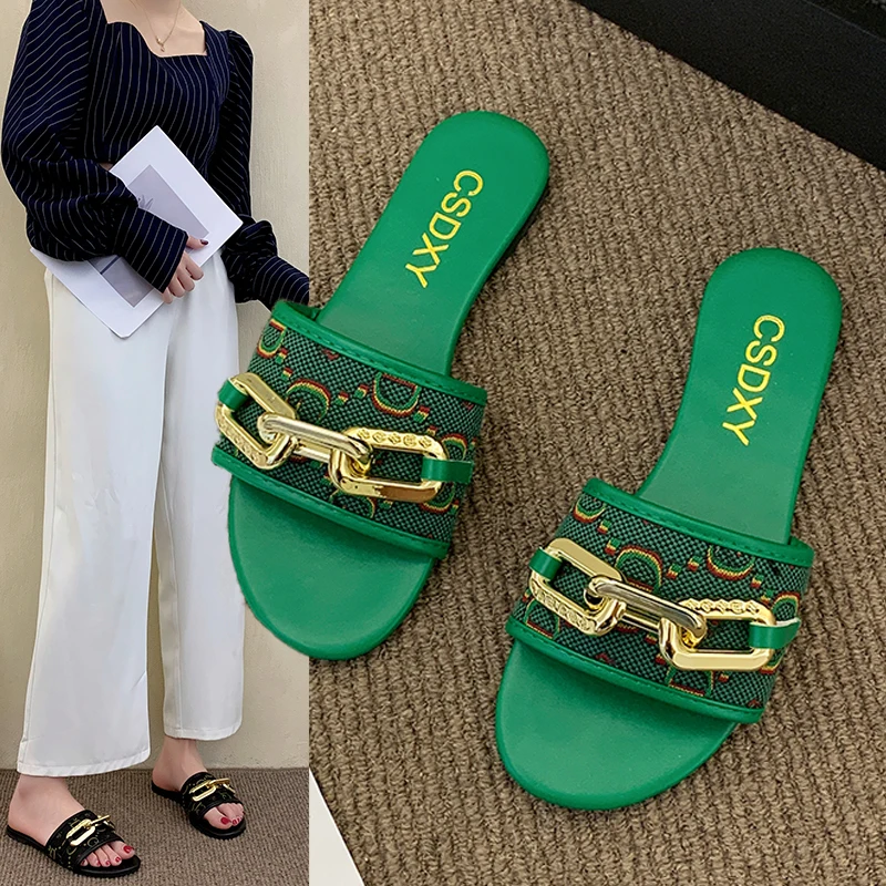 

2022 Summer Advanced Women Slippers Metal Chain Decoration Green Flat Slippers Size 42 Womens Shoes Characteristic Printing Side