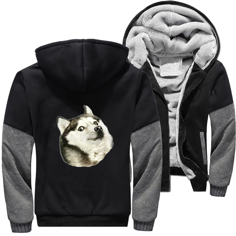 

Husky Doge Dog Funny Jackets For Men Fleece Bomber Jacket Winter Thick Streetwear Zipper Hooded Warm Coats Clothing Outerwear