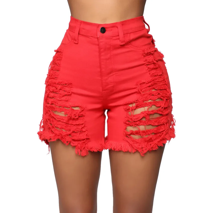 2023 Summer New Women's Sexy High Waist Cut Hollow Button Solid Color Slim Denim Shorts Straight Hot Pants for Women
