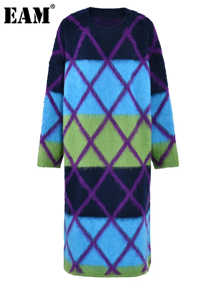 

Женское вязаное платье EAM, синее платье большого размера с круглым вырезом и длинным рукавом, свободный крой, Осень-зима 2023, 1DH119805