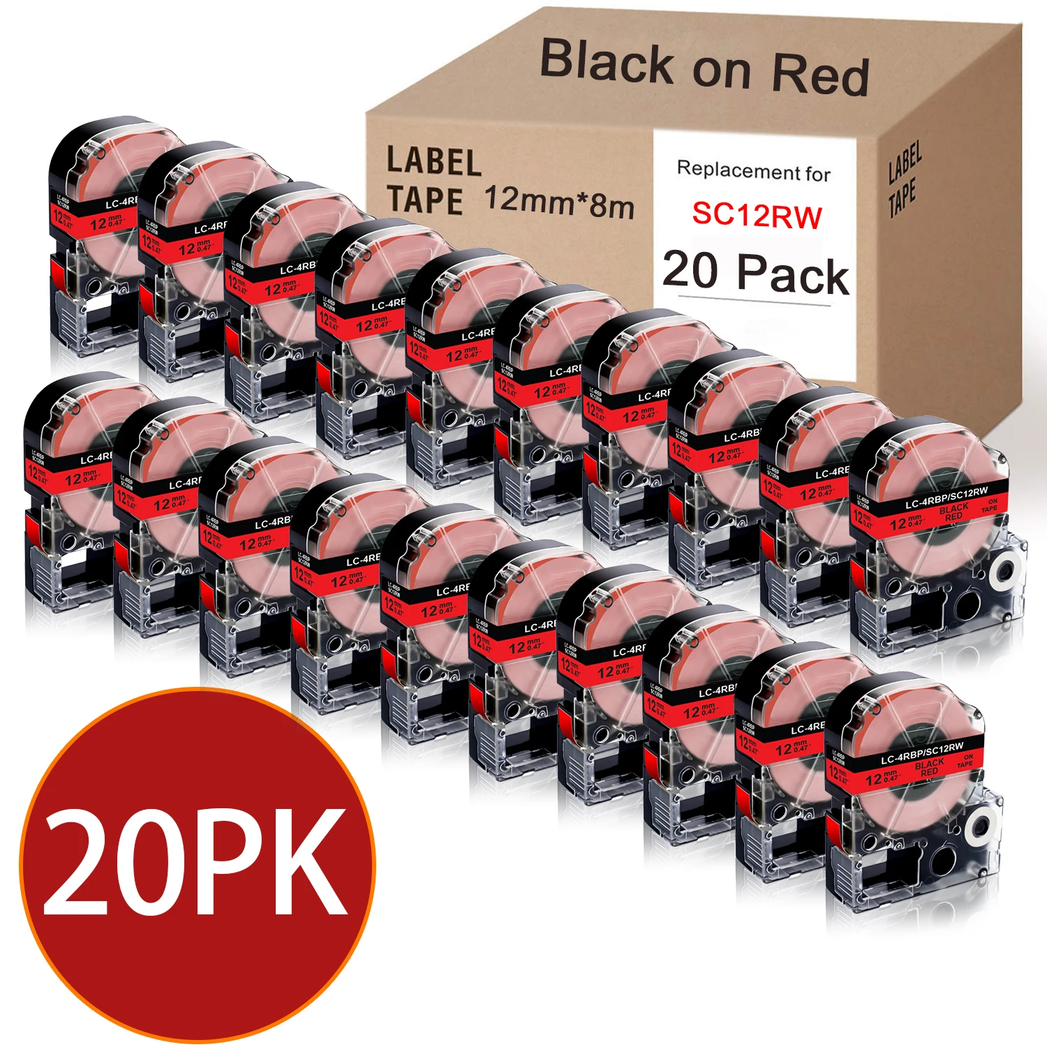 

20PK SS12KW SC12RW Tapes Black on White Compatible for EPSON LW-300 LW-400 LW-600P 700 Label Maker 12mm LK-4WBN LC-4WBN Labels
