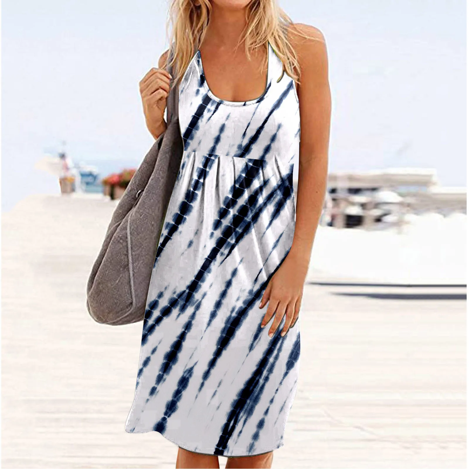 

Женское платье на бретельках без рукавов, повседневный пляжный сарафан с градиентным принтом и круглым вырезом в стиле бохо, лето 2022