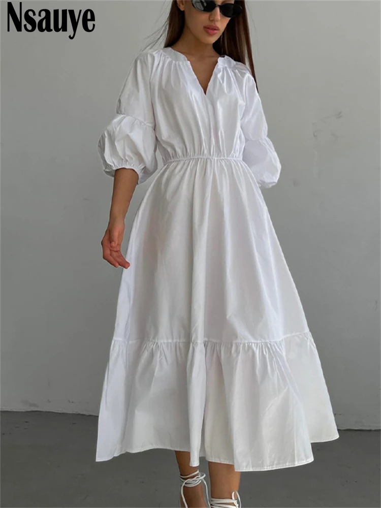 

Nsauye 2022 летние женские элегантные модные белые платья миди с оборками и V-образным вырезом с короткими рукавами-фонариками уличная одежда по...