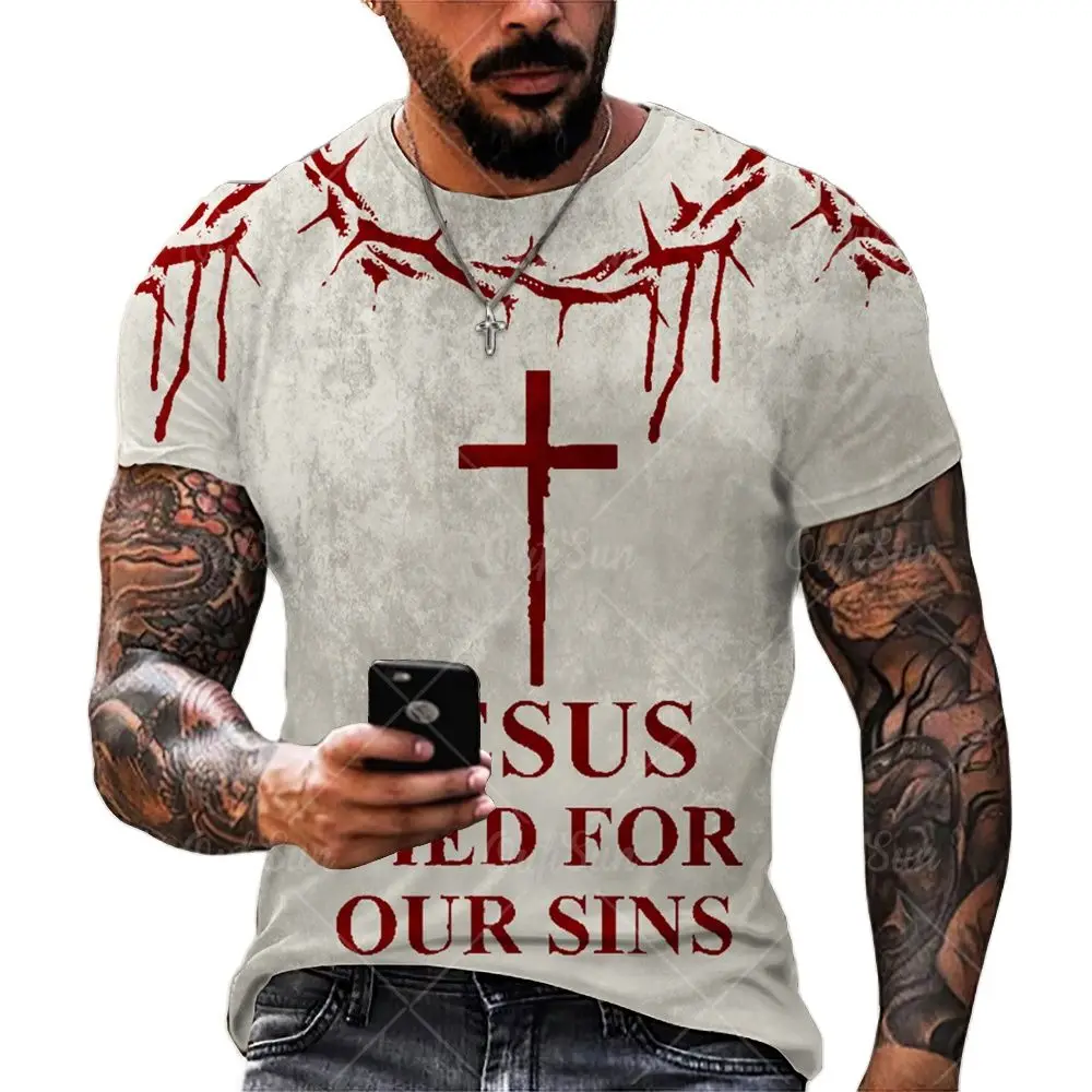 

T-shirts For Men Cross Graphic Jesus Christ 3d Print Men's Tshirt Retro Classic Short-sleeved Loose Personality Oversized Tops