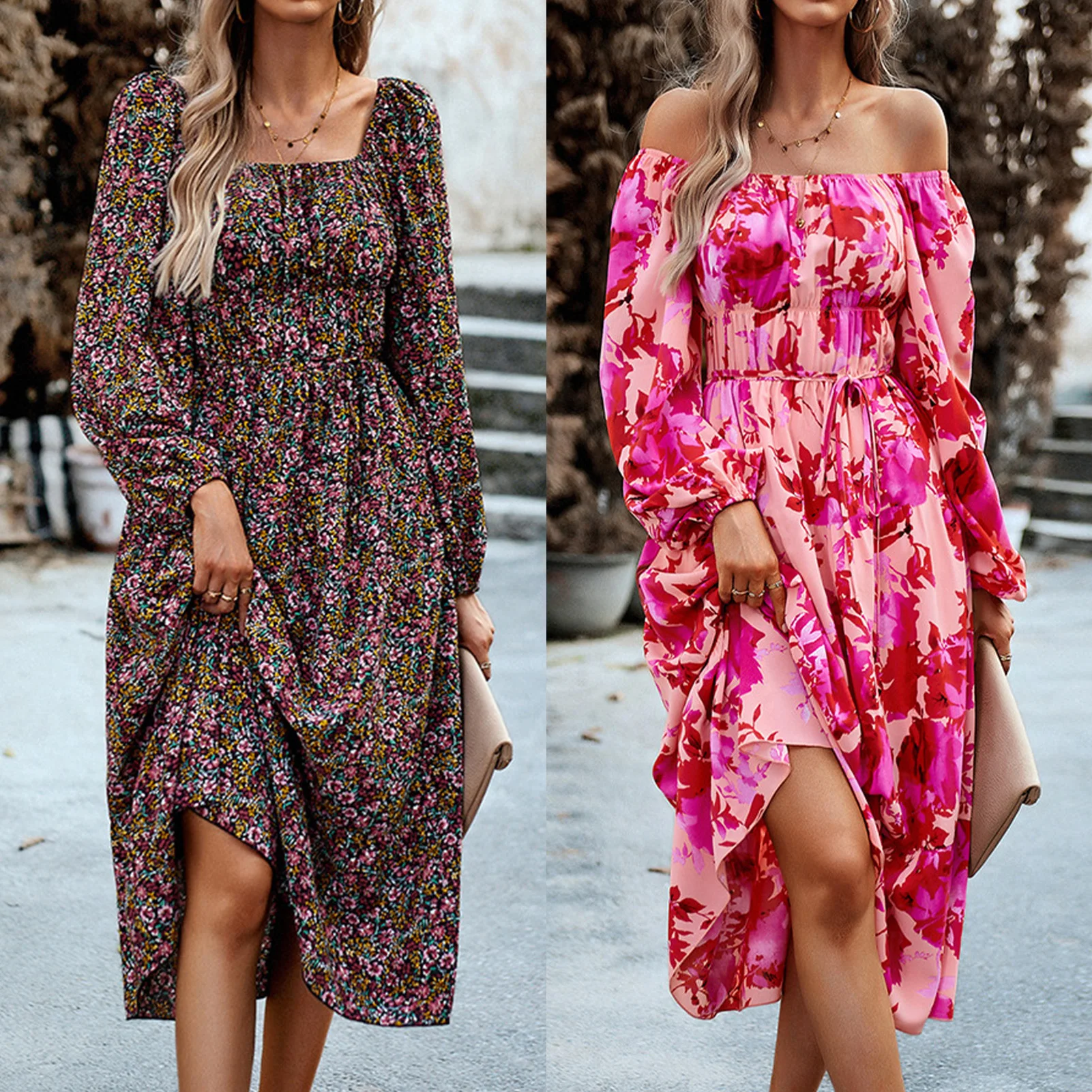 

Женское длинное платье с цветочным принтом, длинное Повседневное платье с длинным рукавом и круглым вырезом, модель 2023 на весну и лето