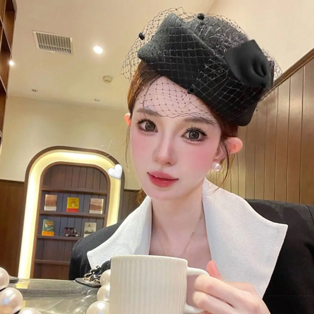 Модная шерстяная шляпа с бантом в британском стиле и вуалью элегантная милая