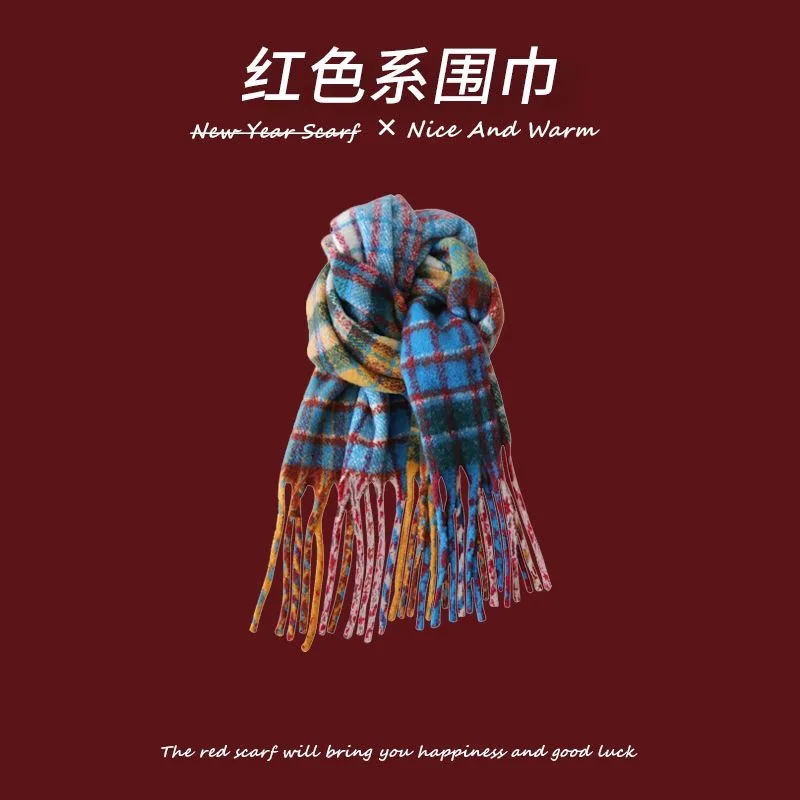 

Новогодний и Рождественский подарок красный вязаный шарф для женщин Зимний теплый японский клетчатый студенческий Универсальный шерстяной шарф