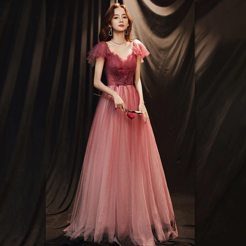 

2023 Fashion Prom Dresses for Women with Bling Tulle and Pleated Cap Sleeves Party Evening Gown