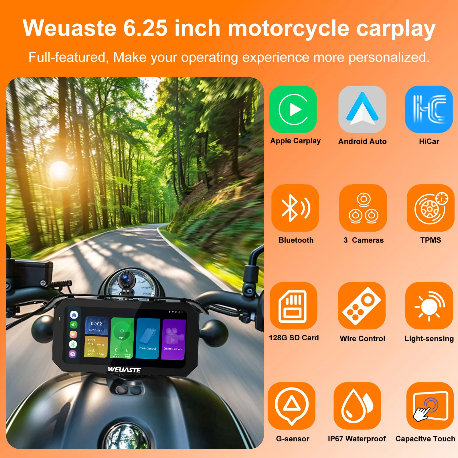 Фото 6,25-дюймовый беспроводной CarPlay Moto Android Auto GPS мотоциклетный навигационный экран портативная цифровая приборная панель мотоцикла №2