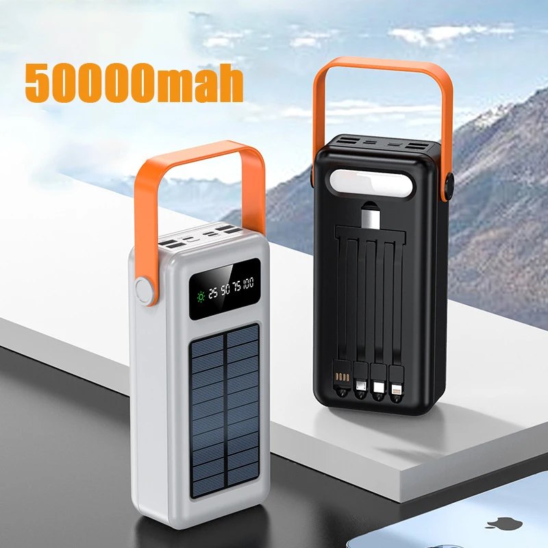 

50000mah Solar Power Bank Fast Charger Large Capacity Built in Cables External Battery Powerbank with Flashlight for Smartphone