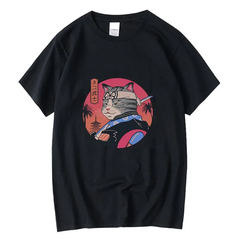 

FPACE T-shirt High Quality 100% cotton funny anime knife cat print summer loose t-shirt o-neck cool cat t-shirt loose tees male