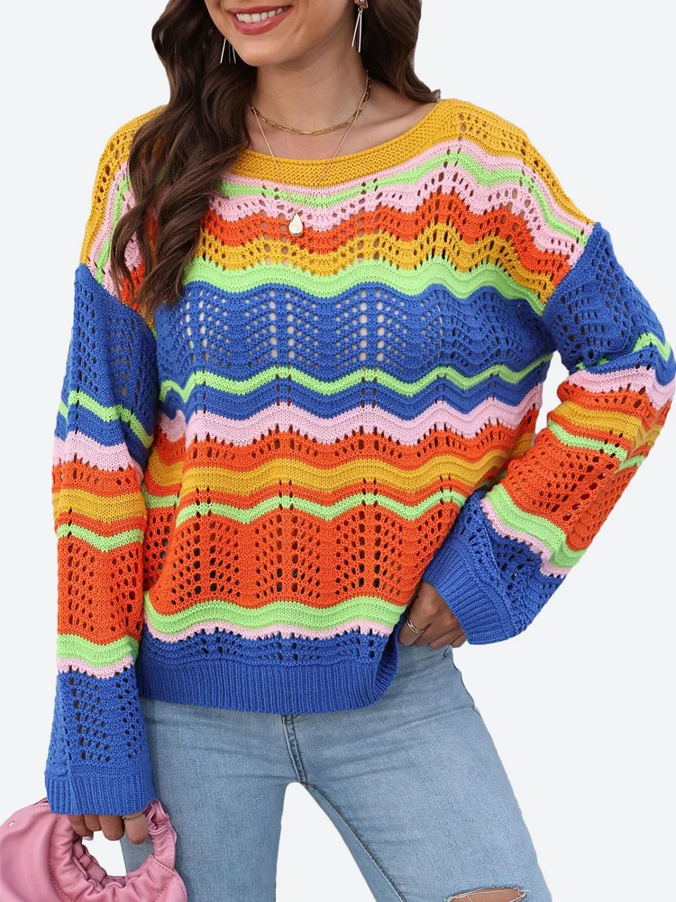 

Benuynffy Women Hollow Out Knitted Sweater y2k Color Block Long Sleeve Round Neck Pullover Casual Fall Sweaters Tops 2023 New