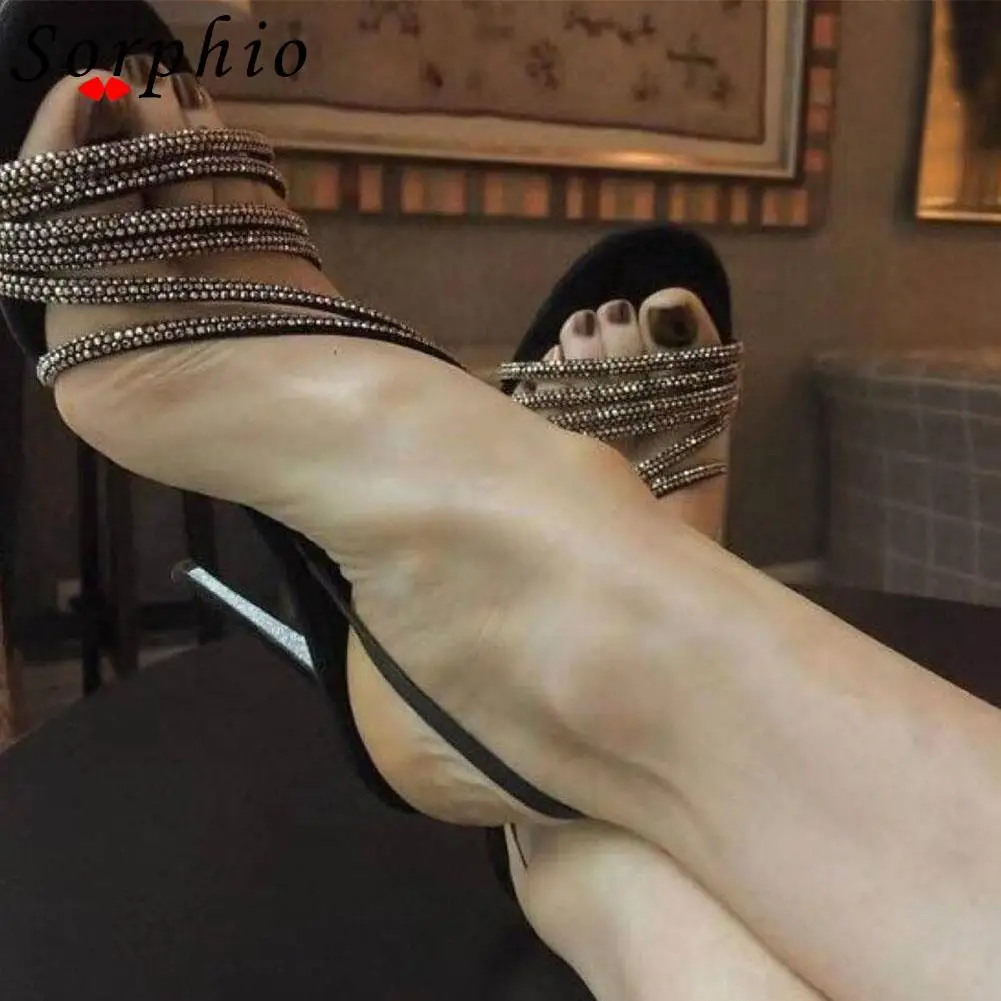 

Ankle Strap Thin High Heels Rhinestone Bling Fashion Shoes Woman Sandals Sexy Luxury Brand New 2022 Trendy Lace Up Shoe Brand