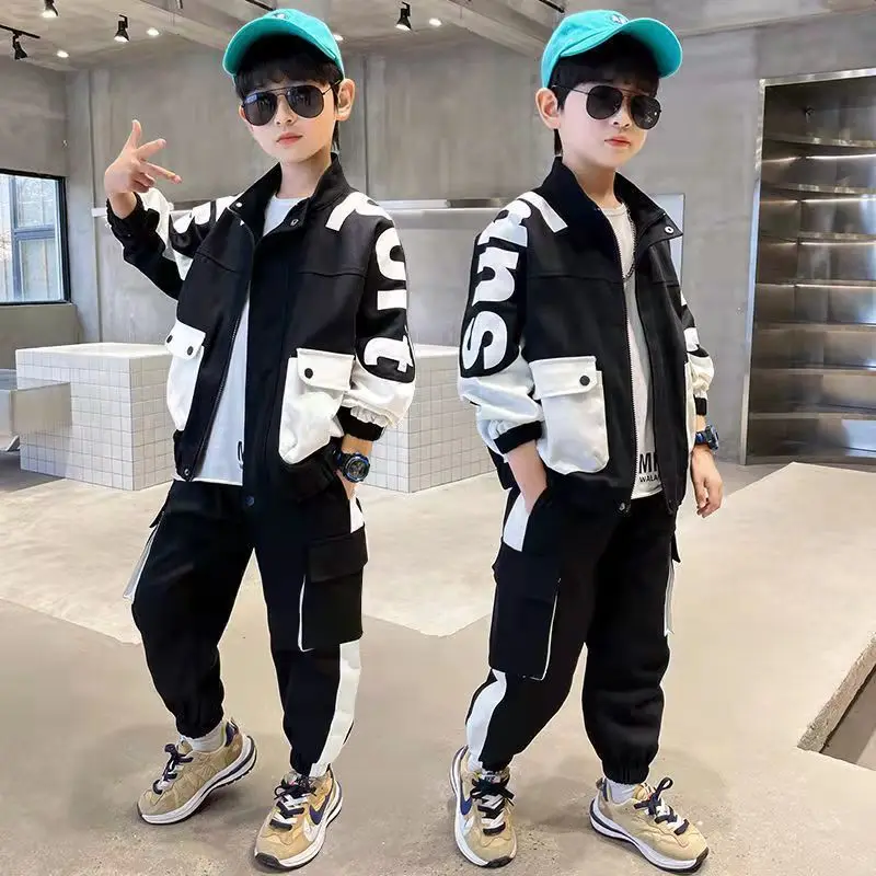 

4-10Yrs Korean version Children's Clothing Boy Suit Spring Autumn Fashion Letter Splicing children's sports Sets two-piece suit
