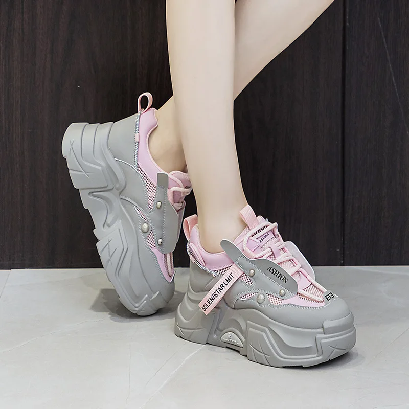 6CM Air Mesh Genuine Leather Breathable Summer Women Summer Vulcanize Platform Wedge Chunky Sneaker Hollow Lace Up Shoes