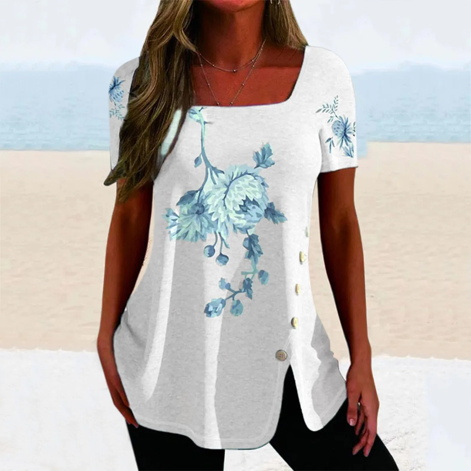 

Athletic Shirts Women Loose Fit Women Casual Top Square Neck Short Sleeve Button Slit Womens White Shirt Green Tunic Tee