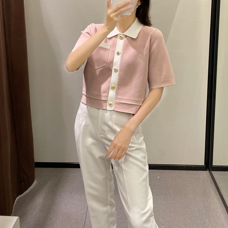 Color-blocking Polo Collar Knitted Top Women 2022 Spring and Summer New Commuting Slim Slim Women's Clothing