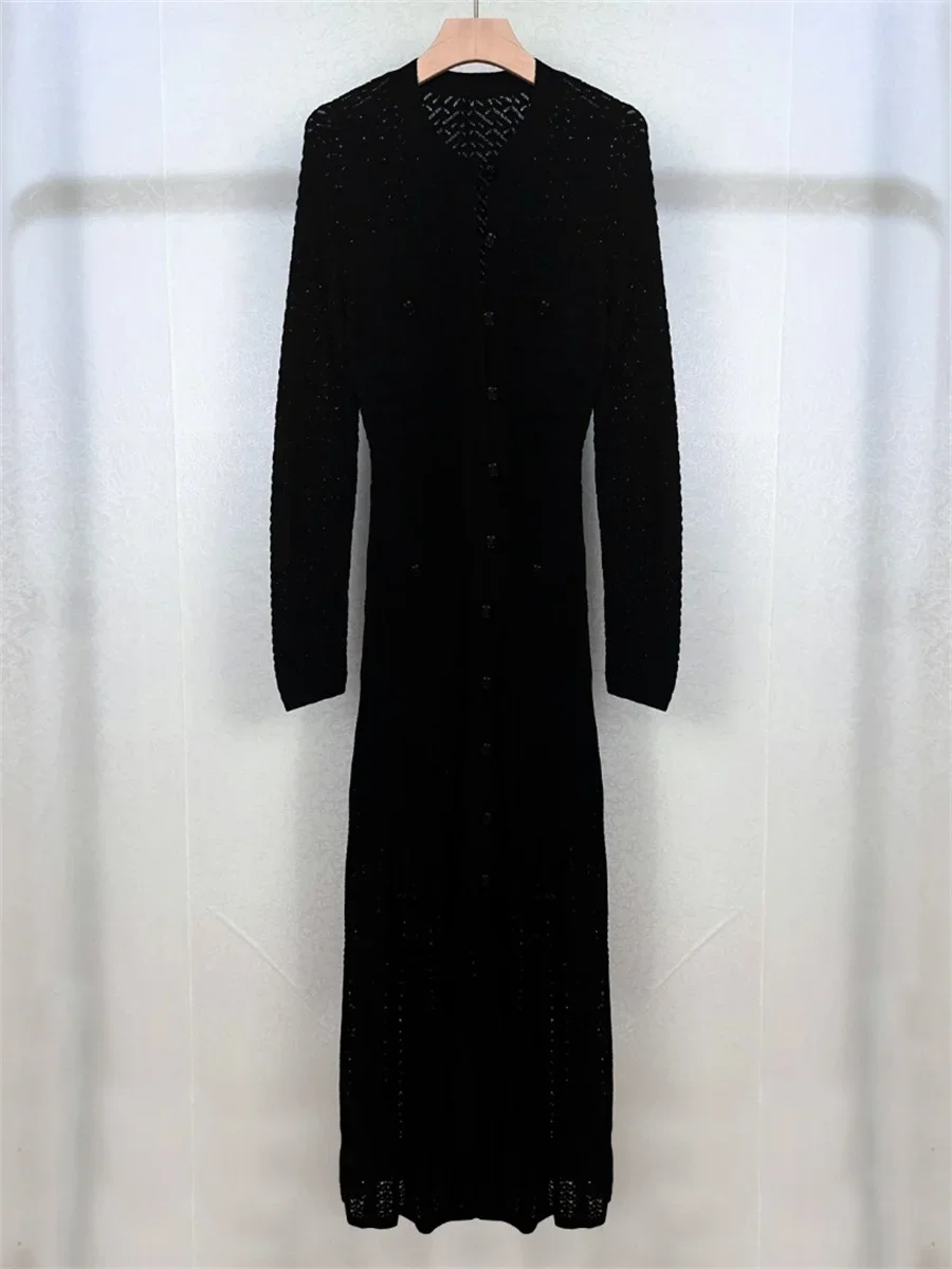 Черное ажурное трикотажное платье для женщин 2024 ранняя осень однобортный тонкий