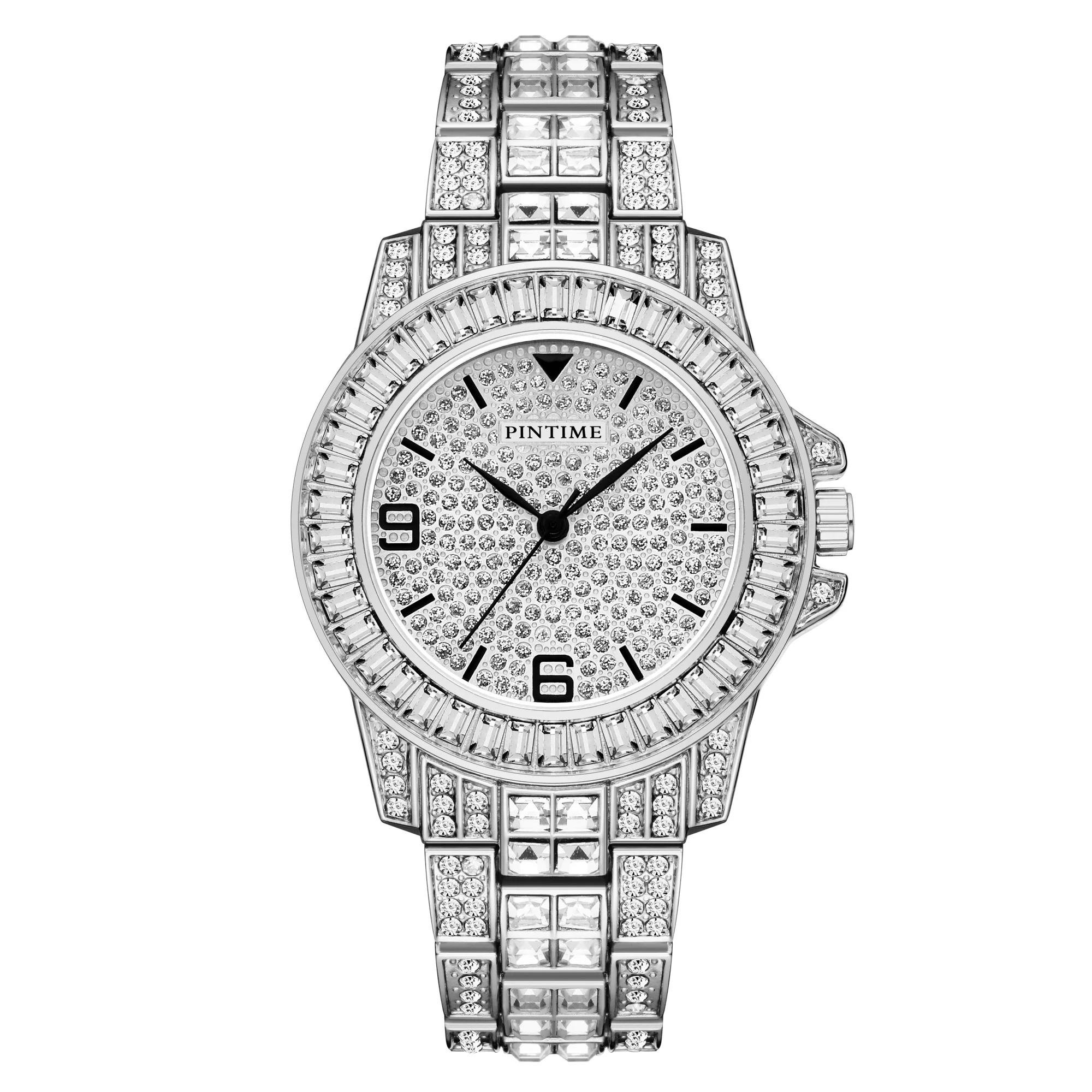 

PINTIME New Style Men Women Luxury Diamond Watch Iced Out Baguette Shinning Quartz Wristwatch Casual Dress Party Clock Montre