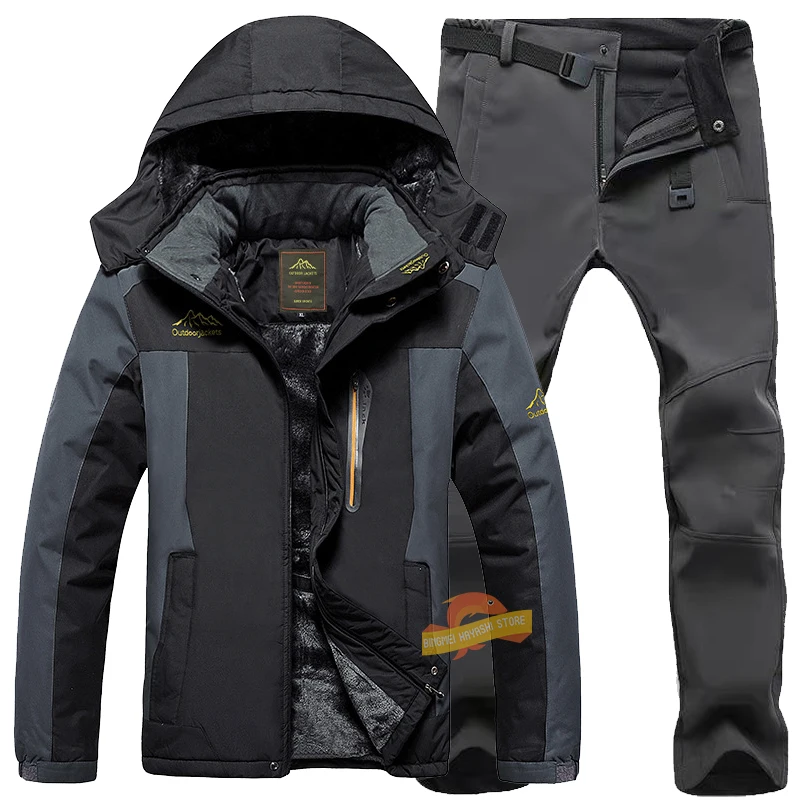 

Men's Winter Waterproof Warm Fishing Suits Fleece Thicken Hooded Jacket + Pants Outdoor Camping Hiking Hunting Windproof Clothes