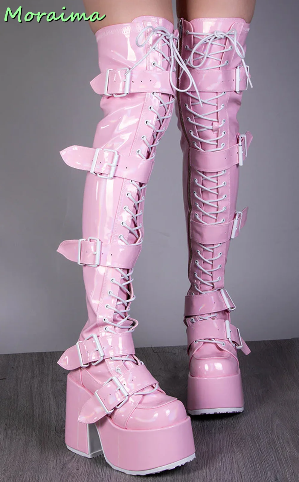 Belt Buckles Platform Thigh High Boots Front Lace Up Patent Leather Pink Solid Block Chunky Heel Fashion Women Shoes Winter 2022