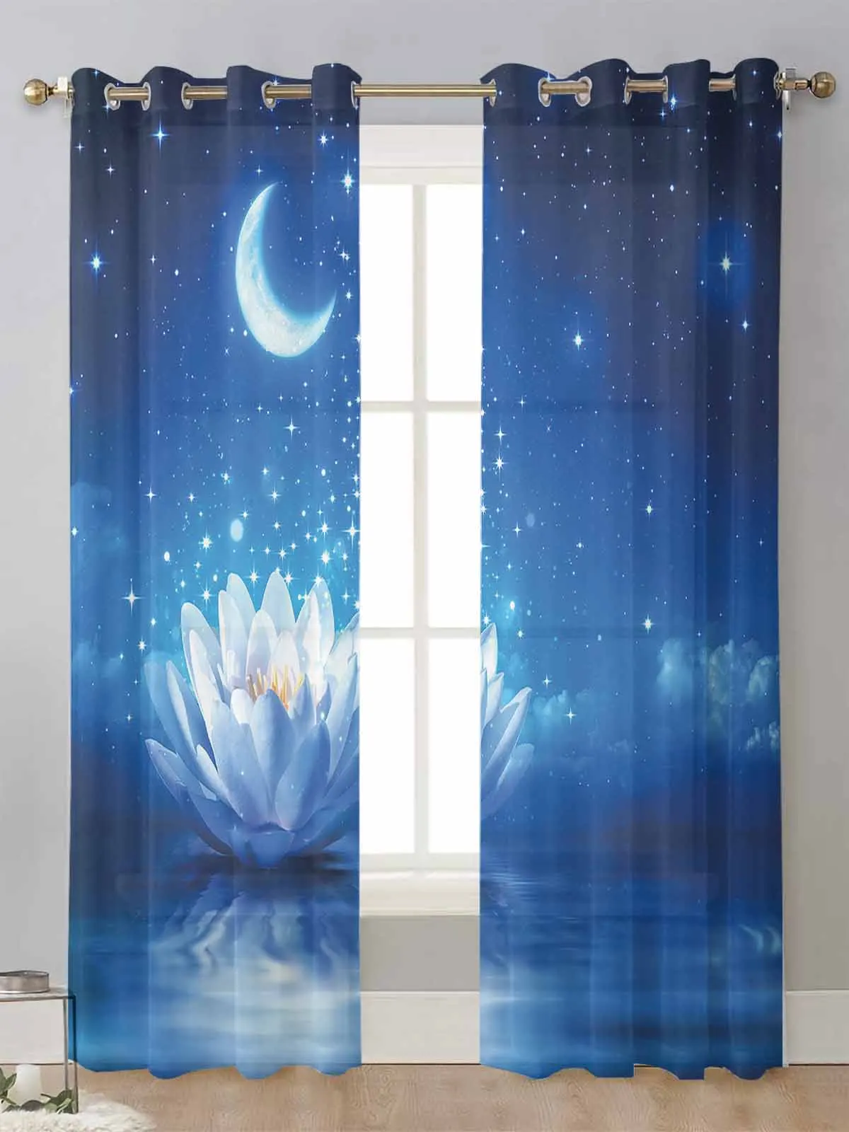 

Blue Moonlight Lotus Moon Sheer Curtains For Living Room Window Transparent Voile Tulle Curtain Cortinas Drapes Home Decor