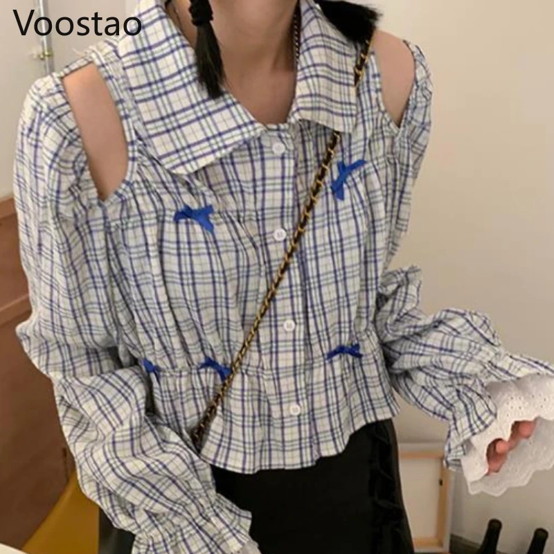 

Женская блузка в клетку, с открытыми плечами и длинным рукавом