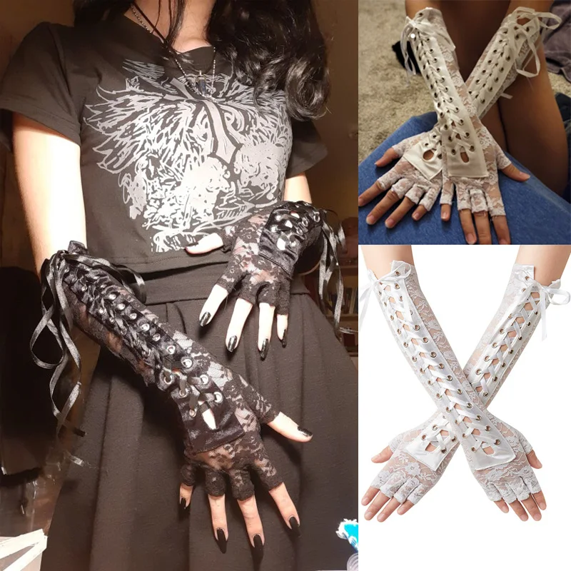 

Women Sexy Lace Long Gloves Winter Elbow Half-finger Gloves Ribbon Fingerless Fishnet Mesh Etiquette Party Gothic Lolita Gloves