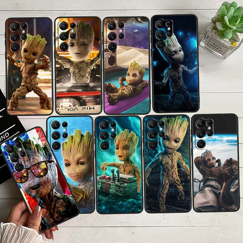 

Groot Marvel Avengers Black Phone Case For Samsung Galaxy S23 S22 S21 S20 FE Ultra Pro Lite S10 S10E S9 Plus 5G Cover Capa Coque