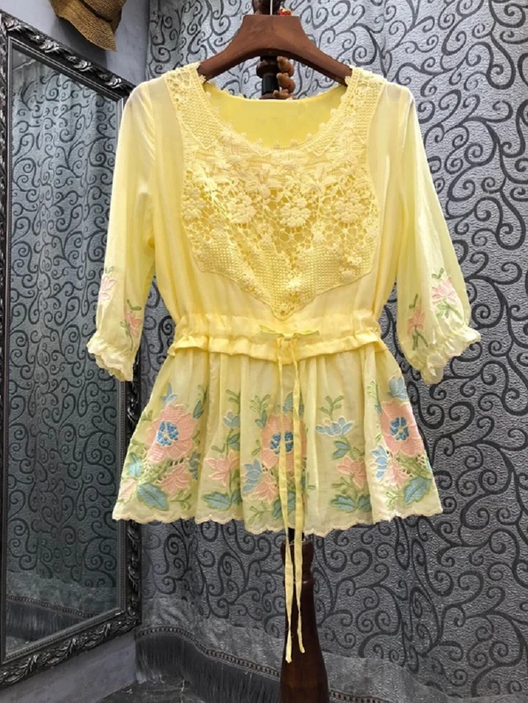 

Женская блузка 2022, летние модные стильные топы высокого качества, женские повседневные желтые топы на завязках с кружевной вышивкой
