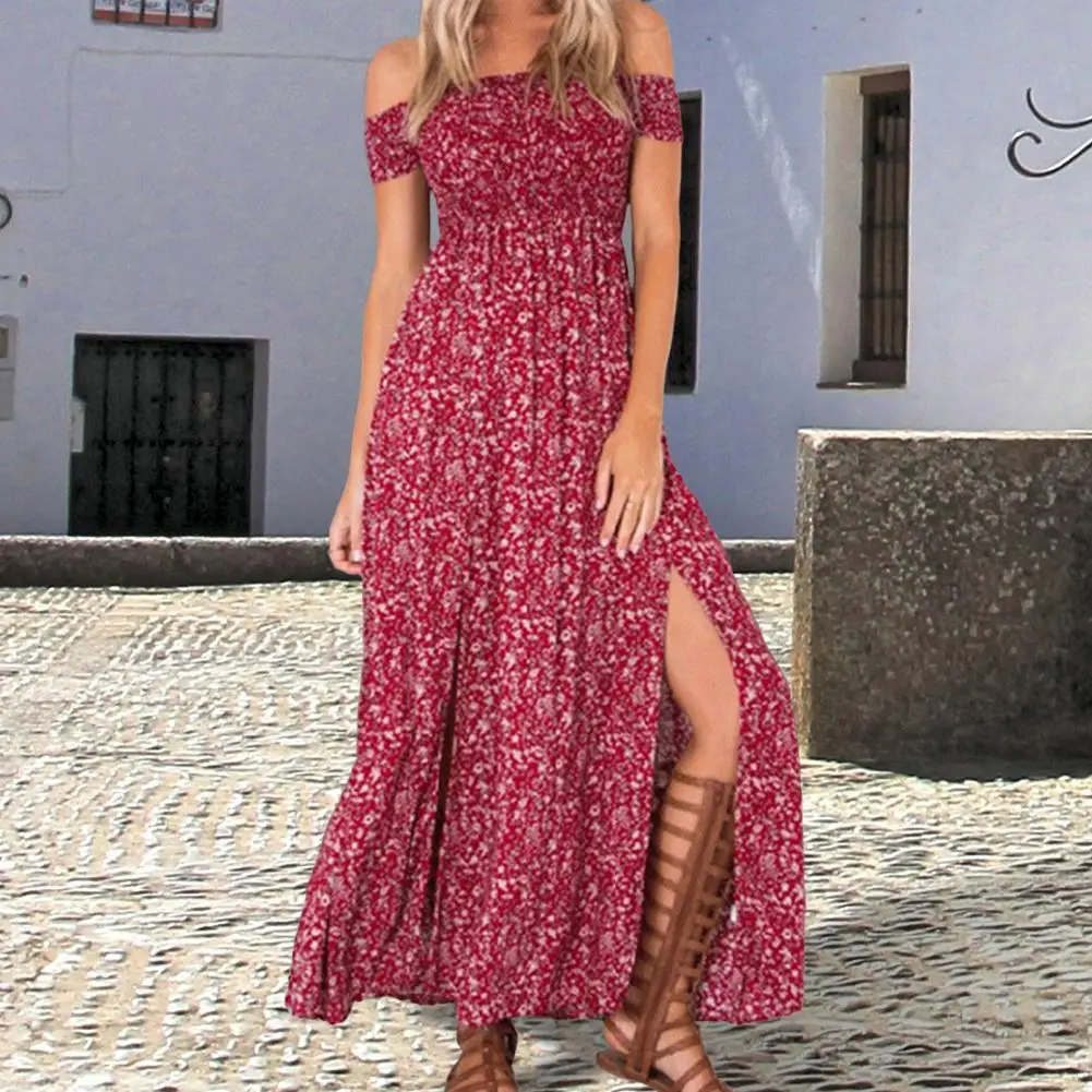 

Double Split Hem Boho Dress Off Shoulder Waist Tight Bohemian Dress Floral Print Short Sleeve Women Dress Chic Holiday Dress