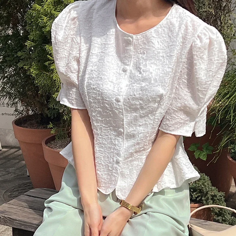 

Elegant Casual Korean Fashion Summer Shirts Puff Short Sleeve Pleated Simple Short Blouses Woman 2023 Sweet Ladies Tops 27348