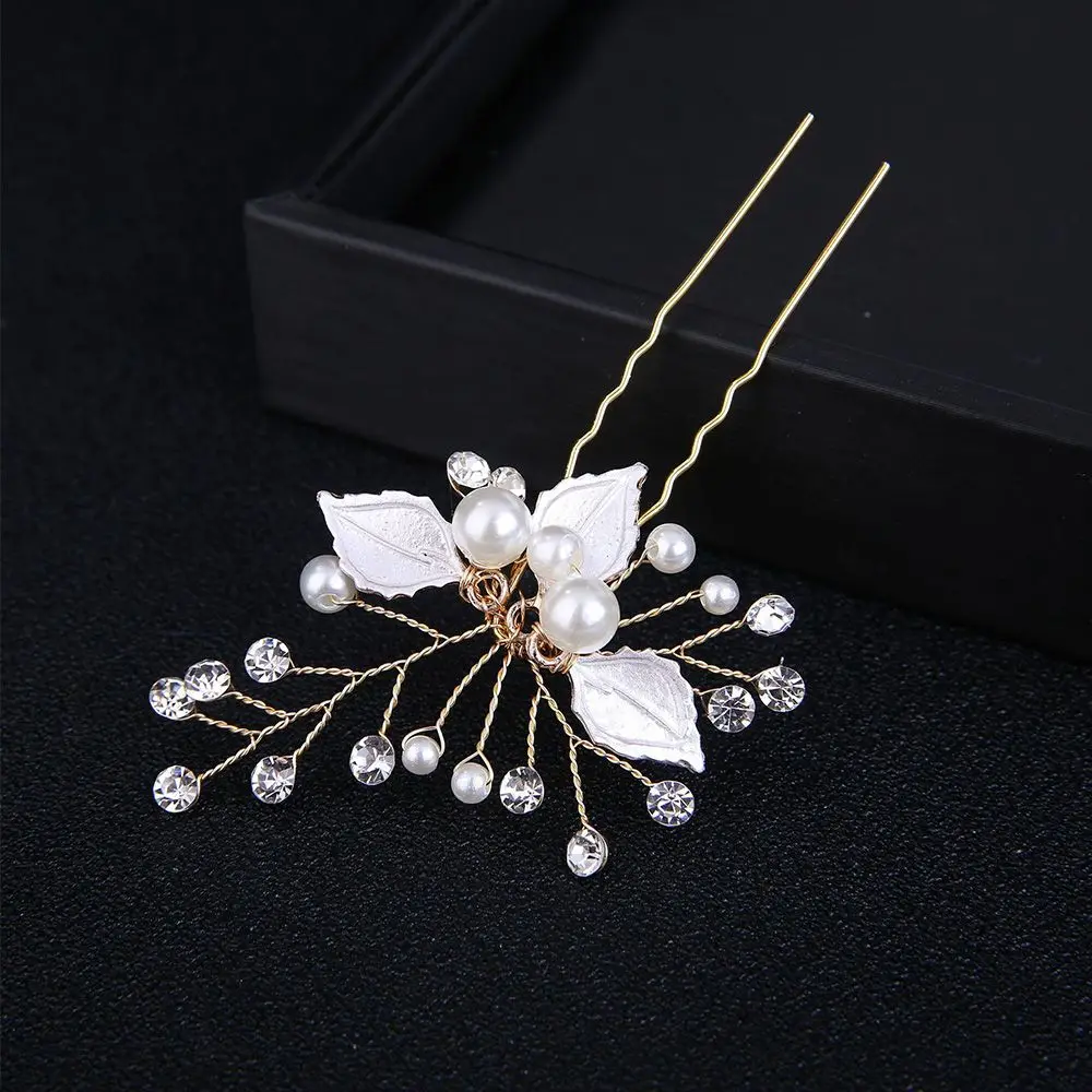 

Bride Rhinestone Pearl Headwear Alloy Leaves Handmade Bride Hairpin Bride Hair Comb Leaves Hairpin Hair Accessories