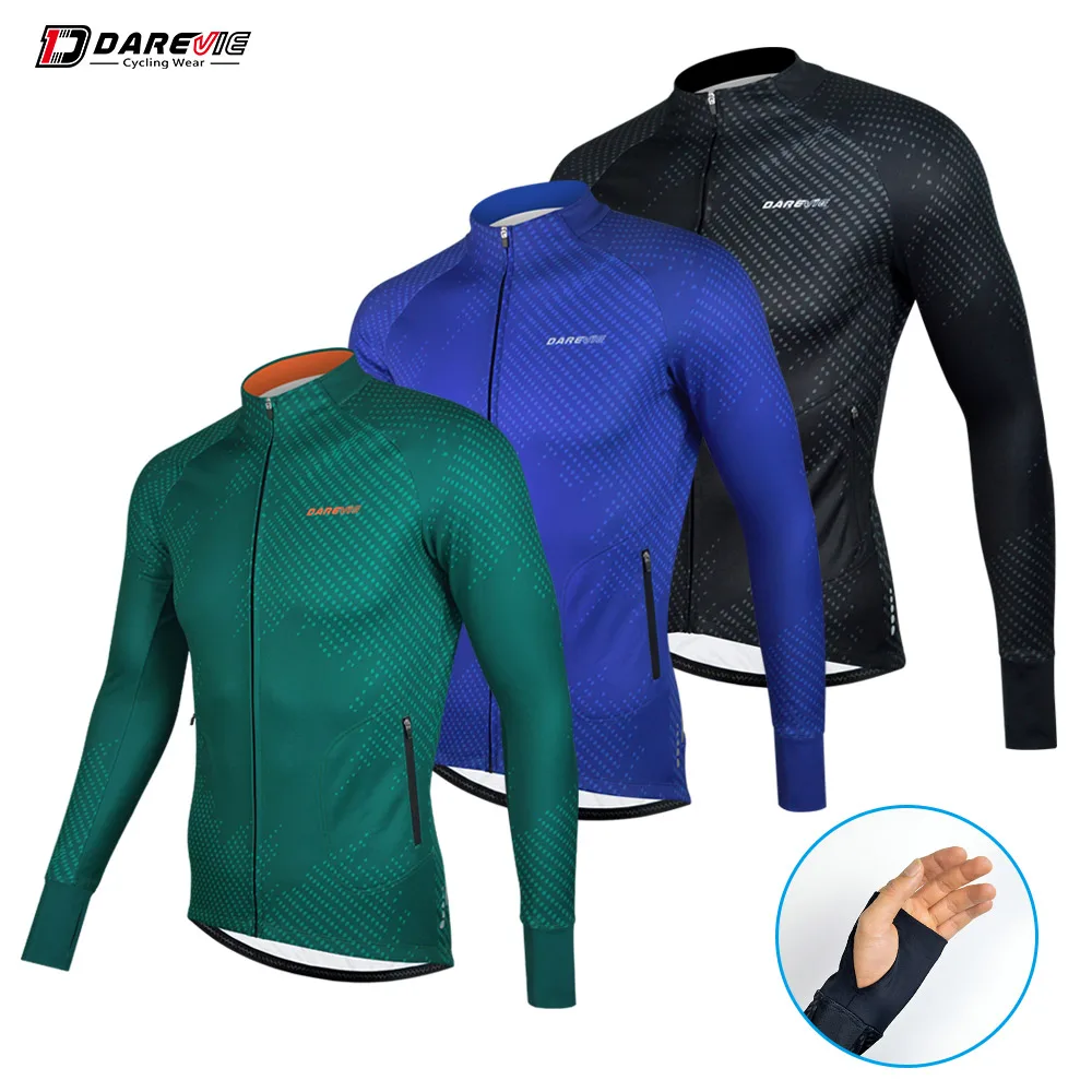 

Darevie Long Sleeve Cycling Jersey Thin Plus Velvet Cycling Jersey Thumb Hole Thermal Warm Cycling Jersey MTB Road Spring Autumn