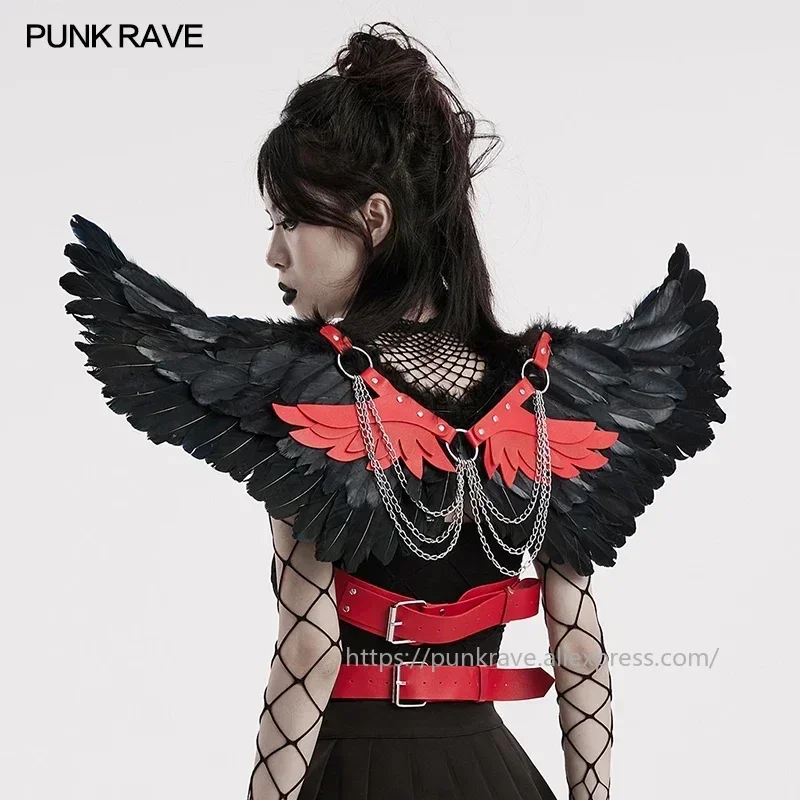 Фото Женский ремень-нагрудник PUNK RAVE в стиле панк с яркими дьявольскими перьями и кожаными крыльями, со съемными цепями, для вечеринок, клубов, Хэллоуина №3