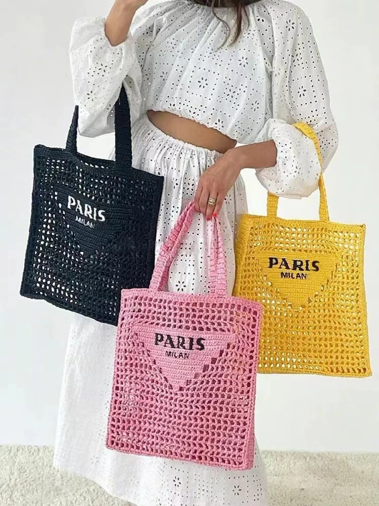 

Summer Beach Travel Bags Raffia Straw Wicker Totes Bag Women Luxury Designer Fashion Paris Woven Shopping Bag Hollow Out Handbag