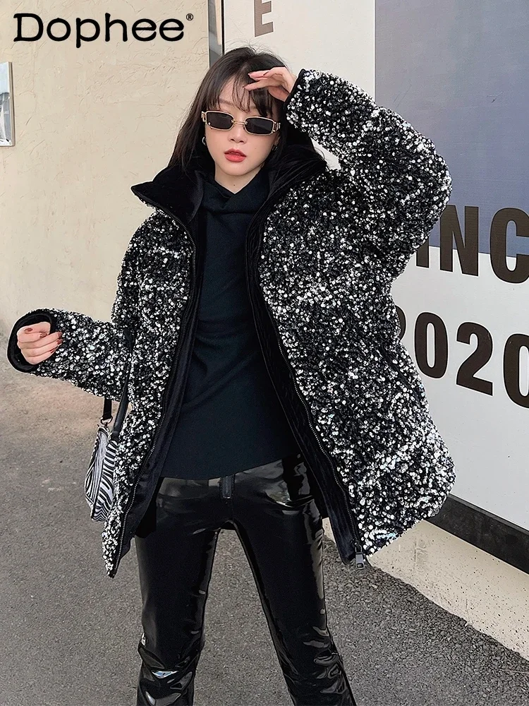 

Модный пуховик с воротником-стойкой и блестками для женщин, новинка зимы 2023, свободное утепленное черное пальто средней длины с длинным рукавом для женщин