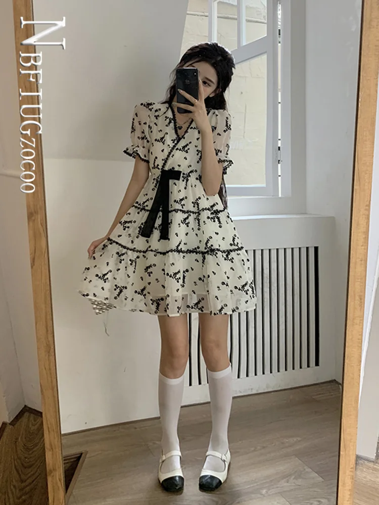 

New Women French Gentle V Neck Women Dress Short Sleeve Female Dresses