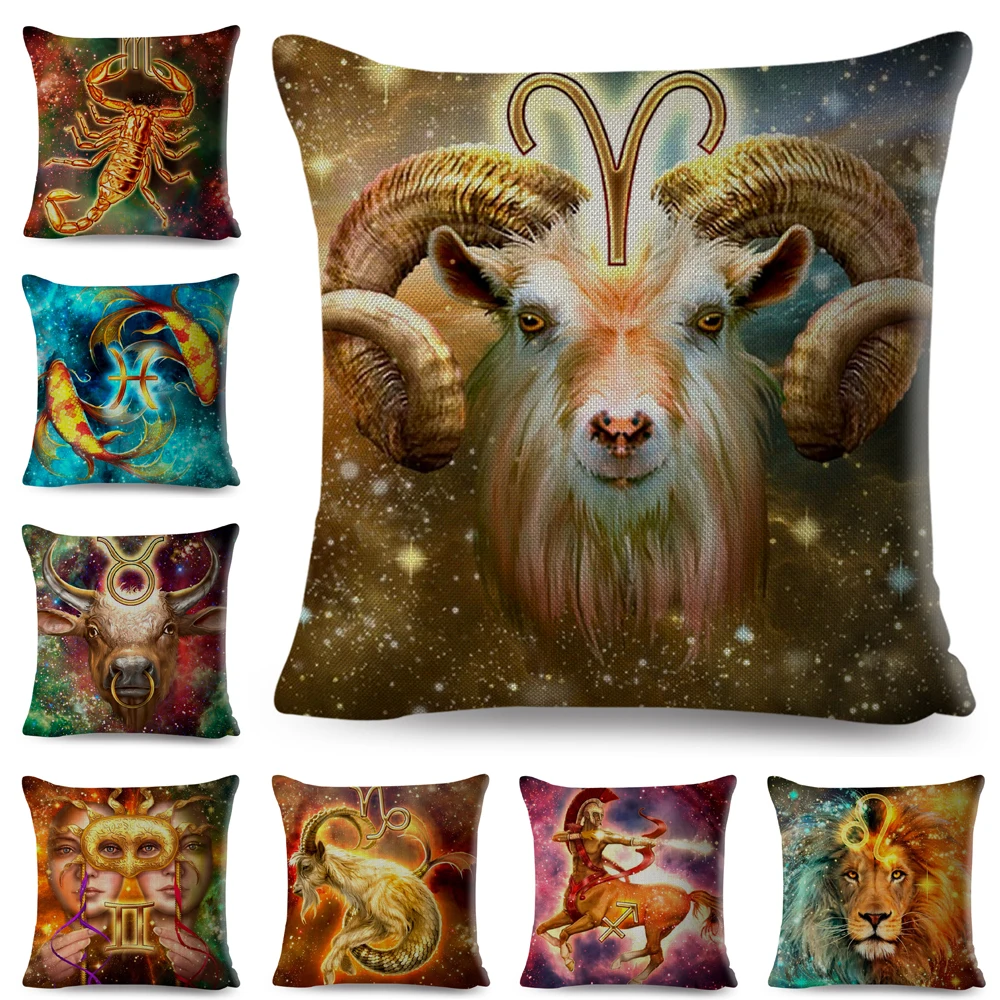 

Наволочка льняная в скандинавском стиле с мультяшным созвездием Лео Овен, Телец наволочка для подушки наволочка для дивана домашняя 45x45 см