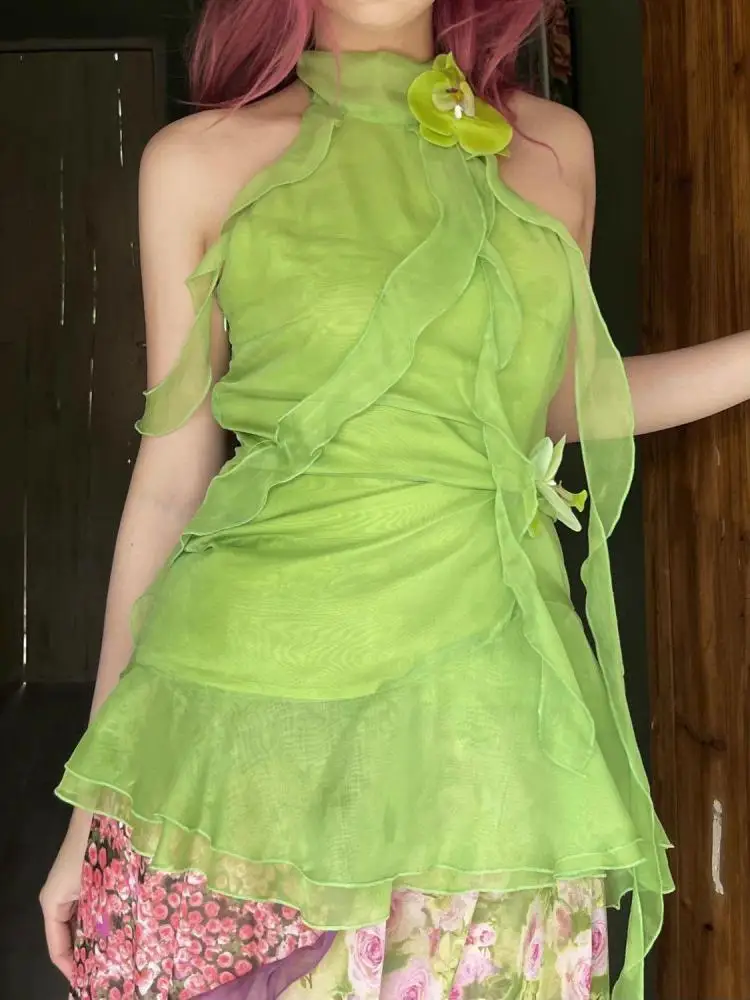 Yedinas Асимметричные волнистые зеленые топы с лямкой через шею футболки без