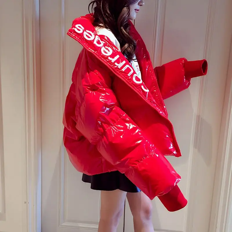 Womens Jackets Winter 2022 New Casual Bright Leather Embroidery Letters Parkas Streetwear Oversize Coats Long Sleeve Zipper Tops