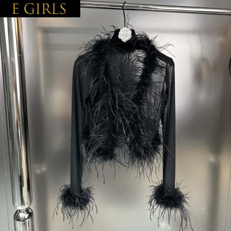 

E GIRLS 2022 Autumn New Arrivals Feathers Long Sleeve V Neck Black Transparent Mesh Coat Women GF968