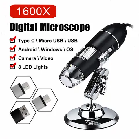 Цифровой USB-микроскоп, электронный лабораторный микроскоп с 8 светодиосветодиодный, регулируемая лупа, эндоскоп с подставкой, 1600x3 в 1