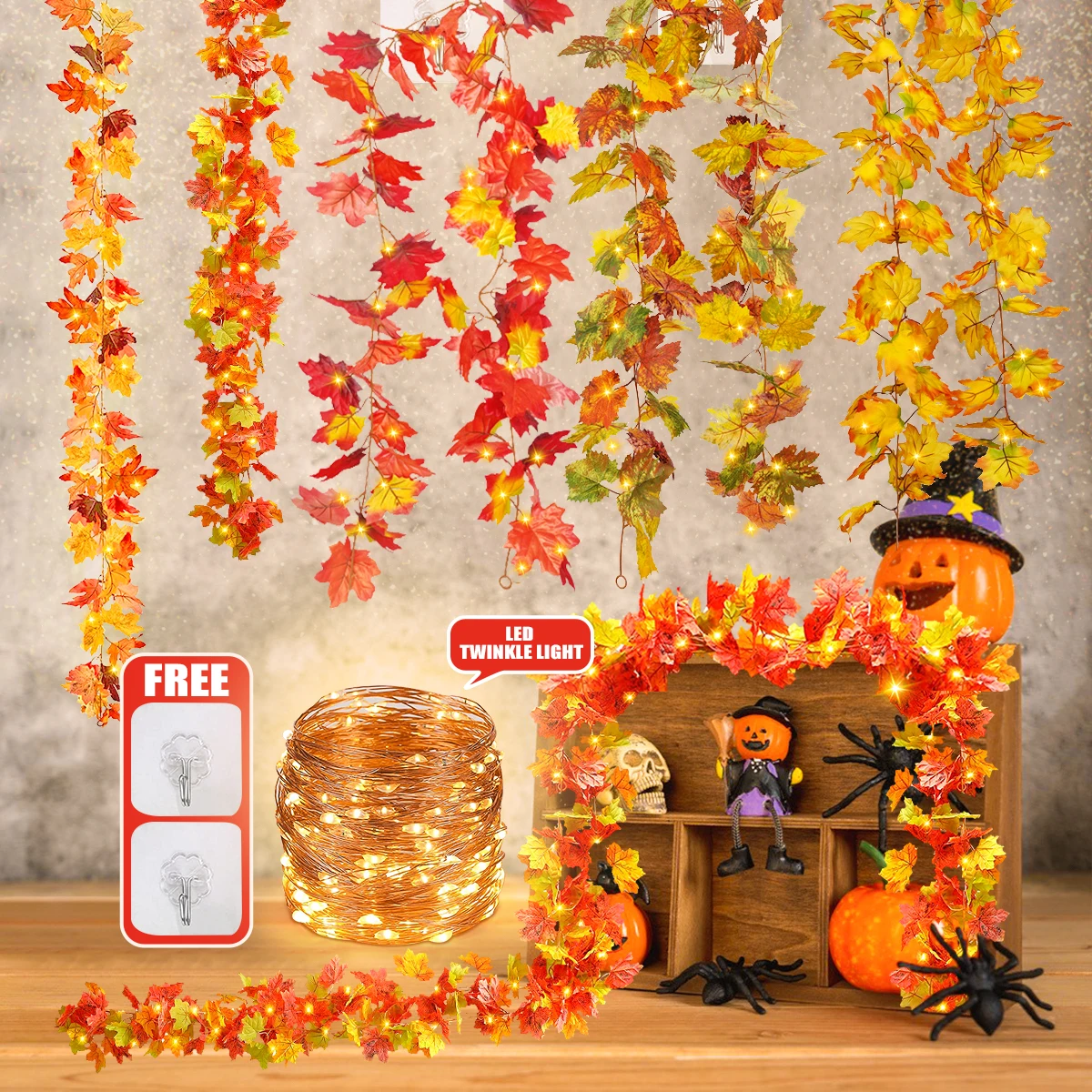 

2M Led Maple Leaf Fall Garland Light Halloween Thanksgiving Artificial Autumn Maple Leaves for Home Party Holiday Diy Decoration
