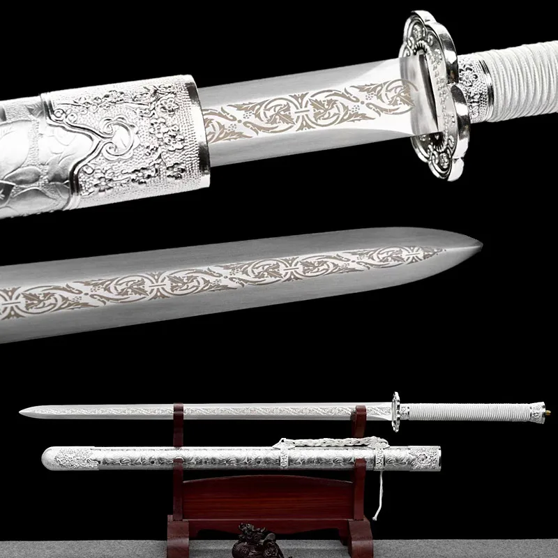 

Vintage Chinese Sword Real Hand Forged Spring Steel Full Tang Sword Battle Ready Sword Silver Plum Bossom Espada Home Decor
