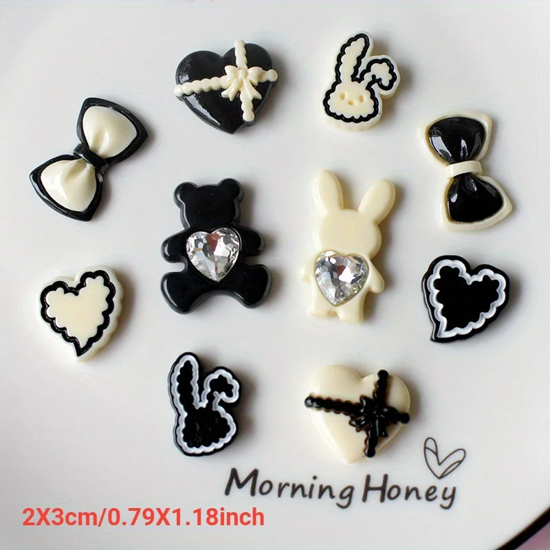

10 шт. кавайные 3D черные медвежонки, кролики, сердца, банты, кабошоны из смолы, материалы для рукоделия, украшения для рукоделия, аксессуары «сделай сам»