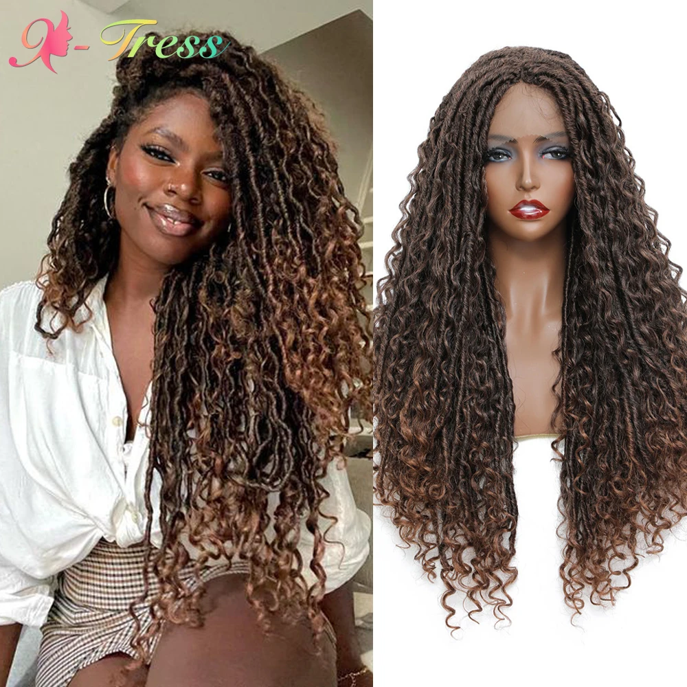 Ombre Brown Synthetic Lace Front Braided Wigs for Black Women X-TRESS River Faux Locs Crochet Hair With Curly Ends Middle Part