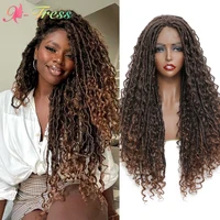 ombre brown synthetic lace front braided wigs for black women x tress river faux locs crochet hair with curly ends middle part