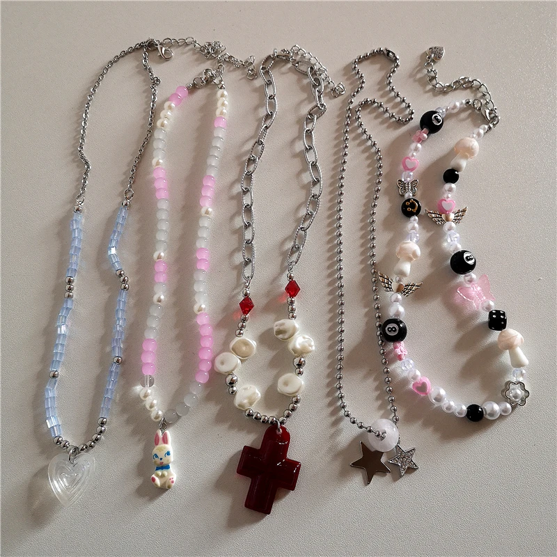 

Vintage Y2K Acrylic Peach Heart Cross Star Pendant Pearl Beaded Necklace For Harajuku Cute Egirl Aesthetic 90s Jewelry Accessory