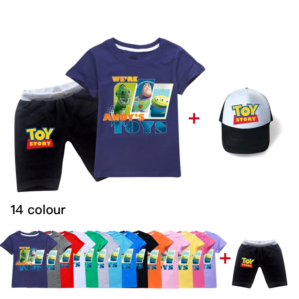 

3pcs/set Disney Fashion Cartoon Toy Story Baby Boys and Girls Clothes T+Short Sleeves+Caps Girls Summer Clothes 2-16Y Years Old